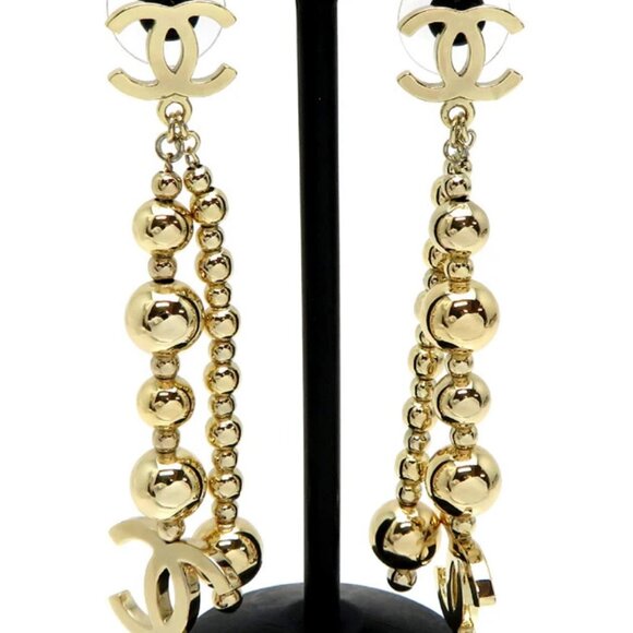 CHANEL CC Logos Bead Ball Dangle Stud Earrings Gold Tone B21S Auth D-dh829 - Picture 1 of 5